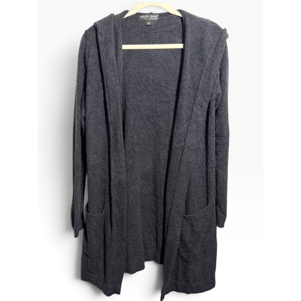 Barefoot Dreams CozyChic Lite Hooded Cardigan Charcoal Gray Open Front Sweater M